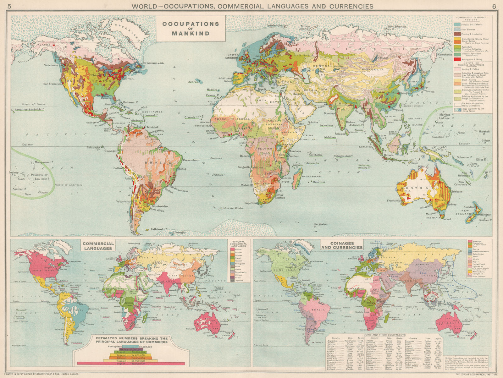 World. Occupations, Commercial Languages & Currency zones 1925 old vintage map